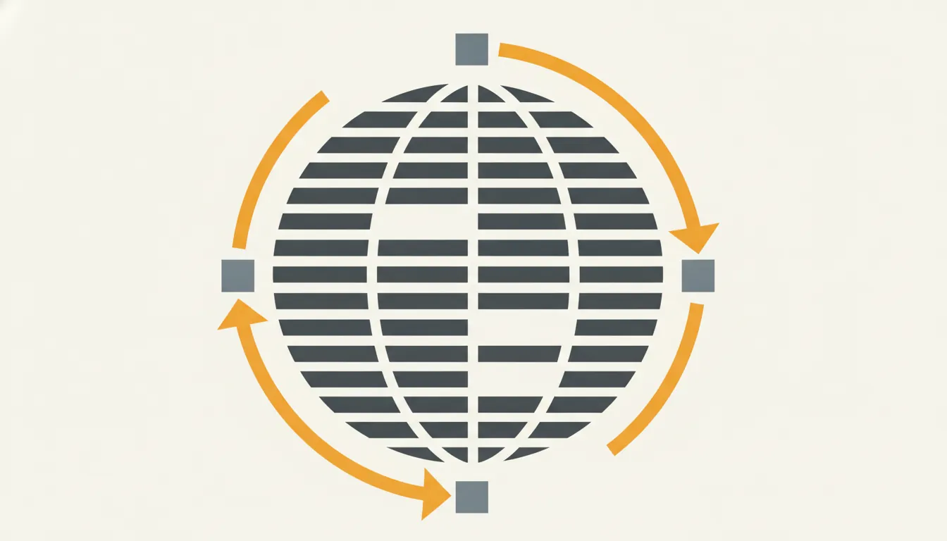 Ilustração geométrica de globo em grafite com setas âmbar indicando rotas de envio entre pontos