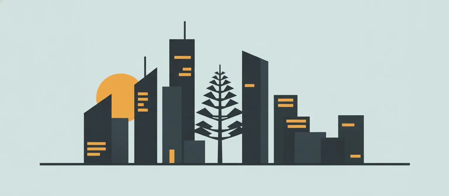 Ilustração geométrica do horizonte de Curitiba com prédios em grafite, araucária ao centro e sol âmbar